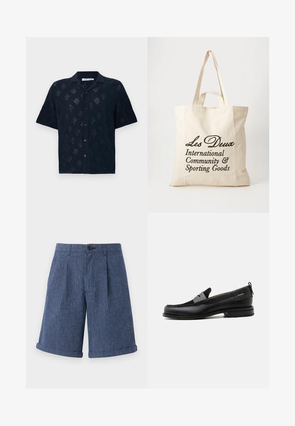 Schwarzes Kurzarm-Hemd mit offenem Strick-Diamantmuster und klassischem Kragen, auf weißem Hintergrund dargestellt.; Blaue, strukturierte Shorts mit dezentem Streifenmuster, ausgestattet mit einem einzigen Knopfverschluss und umgeschlagenen Säumen.; Schwarzer Lederloafer mit grauem Riemendetail, niedrigem Absatz und strukturierter Sohle, seitlich mit „HUGO“ in Gold gebrandmarkt.; Beige Baumwolltragetasche mit zwei stabilen Tragegriffen. Mit schwarzem Drucktext: "Les Deux International Community & Sporting Goods."