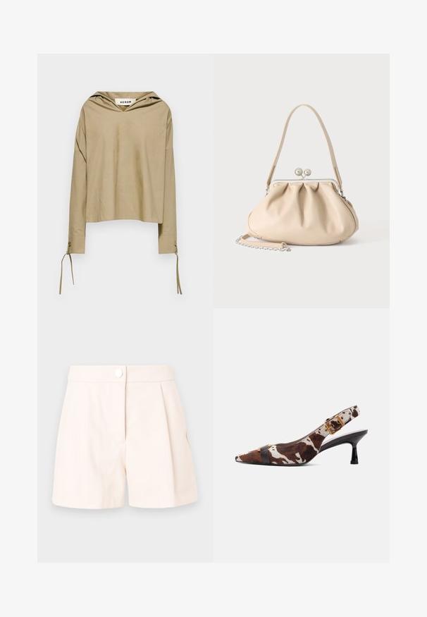 Beige Kapuzenoberteil mit langen Ärmeln, mit einem V-Ausschnitt und Bindebändern an den Bündchen, aus leichtem Stoff gefertigt.; Beige Falten-Shorts aus leichtem Stoff, mit Knopfverschluss und klaren, maßgeschneiderten Linien. Glatte Textur und minimales Design.; Slingback-Pumps mit kitten Heel, braun-weißem Kuhfleckenmuster, spitzer Schuhspitze, schwarzem Riemen vorne und goldener Schnalle am Knöchelriemen.; Beige weiche Lederhandtasche mit silbernem Metallrahmenverschluss, einem Schulterriemen und einem optionalen Kettenriemen auf weißem Hintergrund.