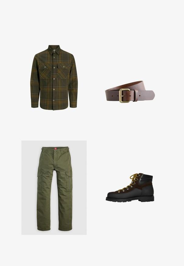 Olijfgroene geruite shirt gemaakt van zachte stof, met twee borstzakken, knoopsluiting aan de voorkant en contrasterende gele accenten in het patroon.; Olijfgroene cargobroek gemaakt van duurzame stof, met zijzakken, een knoopsluiting en een rechte pijpdesign.; Bruine suède en zwarte leren wandelschoen met gele veters, metalen oogjes en een robuuste zwarte zool. Halfhoge snit voor extra ondersteuning.; Bruine leren riem met een geborstelde gouden gesp. Heeft een gladde textuur en standaard gaatjes voor verstelbare maat.