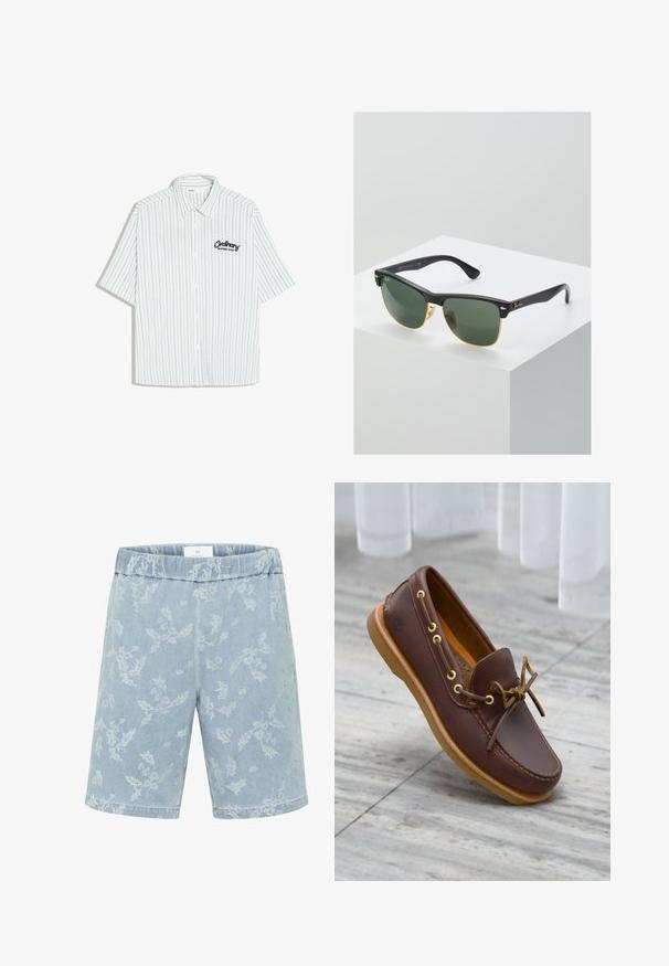Chemise blanche à manches courtes avec boutons, fines rayures verticales bleues et texte noir indiquant "Ordinary Matters Club" sur la poitrine gauche.; Shorts en denim bleu clair avec un motif floral subtil, taille élastique et coupe droite. Pas de poches visibles.; Chaussure bateau en cuir marron avec œillets dorés, devant lacé et semelle en caoutchouc beige. Surface texturée et logo sur le côté.; Lunettes de soleil Ray-Ban avec des verres verts, monture en plastique noir et accents dorés sur les bords. Forme carrée avec une finition mate.