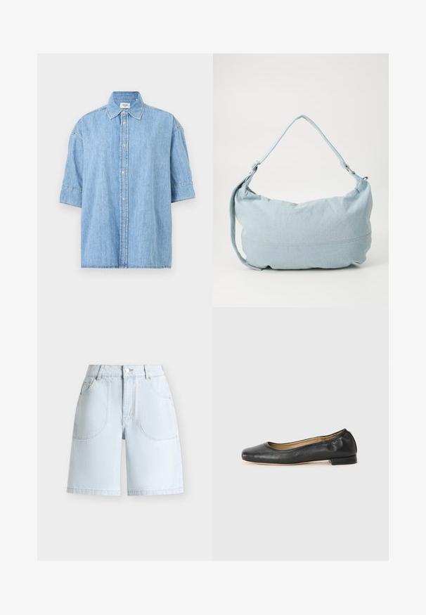 Chemise en denim bleu clair à manches courtes avec col et boutons visibles à l'avant, présentée sur un fond clair uni.; Short en jean bleu clair avec bouton et fermeture éclair à l'avant, deux poches avant arrondies et passants de ceinture sur un fond uni.; Ballerines en cuir noir avec un bout arrondi et des coutures minimales. Talon bas et rectangulaire avec une texture lisse. Détails subtils de doublure intérieure.; Sac à dos en denim bleu clair de forme arrondie, avec une bandoulière ajustable et un subtil détail de couture le long du bas. Texture douce.