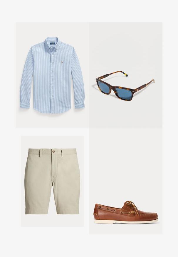 Camisa azul claro de manga larga con rayas verticales blancas y un pequeño logotipo bordado de Polo Ralph Lauren en el pecho izquierdo.; Pantalones cortos beige hasta la rodilla con trabillas para cinturón, cierre de botón y cremallera, mostrados sobre fondo blanco.; Zapato náutico de cuero marrón con suela blanca, cordones atados en la parte superior y ojales metálicos a lo largo de los lados y la costura delantera.; Gafas de sol rectangulares de carey con lentes azules y detalles amarillos en las puntas de las patillas, de la marca Polo de Ralph Lauren.