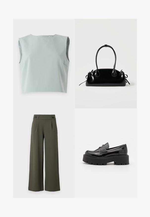 Top corto sin mangas de diseño elegante en suave tela azul claro. Presenta un escote redondo y detalles de costura sutil, confeccionado en material liviano.; Pantalones de pierna ancha, de color verde oliva, hechos de una tela suave; cuentan con dos botones negros en la cintura y pliegues frontales para añadir detalle.; Madden Girl CALISTA - Zapatos sin cordones - black; Pequeño bolso negro brillante con dos asas largas y detalles de cordón lateral sobre un fondo claro liso.