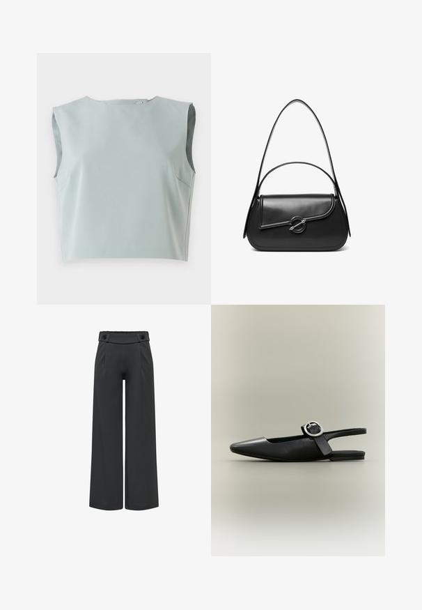 Sile, ilma varrukat crop top pehmest, helesinisest kangast. Omab ümmargust kaelust ja diskreetset õmbluste detaili, valmistatud kerge materjali kasutades.; Mustad laia lõikega püksid kõrge vöökohaga ja nööbidetailidega vöökohal, eesmisel õmblusel ning sirgel äärel.; Mustad terava ninaosaga tasane slingback-kinga hõbedase pandla ja madala kannaga neutraalsel taustal.; Must nahast õlakott kõverda kaanega, mida hoiab kinni ümmargune metallist klamber ja millel on õhuke, reguleeritav rihm.