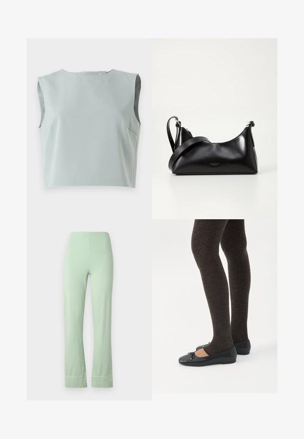 Sile, ilma varrukat crop top pehmest, helesinisest kangast. Omab ümmargust kaelust ja diskreetset õmbluste detaili, valmistatud kerge materjali kasutades.; Heledad rohelised puuvillased püksid, millel on elastne vöökoht, lühike pikkus ja veidi laienev istuvus. Lõpptootel on puhas õmblus.; Jalad seljas tumedad soonelises soonelises kombines mustade baleriinadega, millel on väikesed paelade detailid valgel taustal.; Mustmust nahkaga kott sileda tekstuuriga. Omab reguleeritavat rihma ja sujuvat, minimalistlikku disaini, millel on lukuga sulgemine.