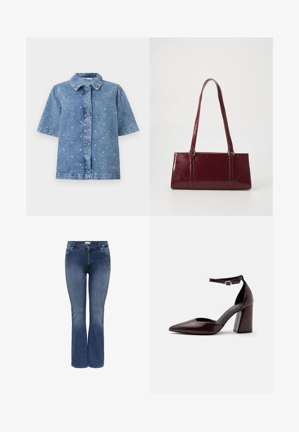 Blå denimskjorte med korte ærmer med små hvide hjerte mønstre, en krave og en frontknaplukning.; Denim flared jeans i mellemblå med en glat tekstur, der har forlommer og en lynlåslukning. Diskret slidte detaljer.; Mørkebrunt læder pumps med spids tå, høj hæl, ankelrem og sølvspænde på hvid baggrund.; Bordeaux håndtaske lavet af glansfuldt materiale, rektangulær form, med to skulderremme og subtile buede detaljer på forsiden.