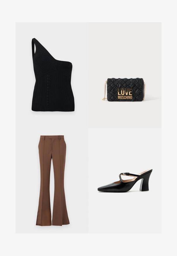 Débardeur noir en maille avec une bretelle unique sur l'épaule. Présente une texture côtelée et des éléments de design géométriques à l'avant.; Pantalons évasés marron en tissu lisse, dotés d'un devant plat, de passants de ceinture et d'une coupe ajustée avec des détails de plis subtils.; Mule en cuir noir à bout pointu avec talon évasé de hauteur moyenne et fine bride avec boucle argentée sur le dessus du pied.; Sac bandoulière matelassé noir avec bandoulière chaîne dorée et grand logo doré "LOVE MOSCHINO" sur le devant.