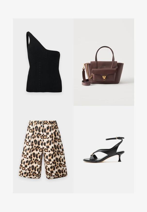 Top tipo tanque negro de punto con una sola tira en el hombro. Presenta textura acanalada y elementos de diseño geométrico en la parte delantera.; Pantalones cortos con estampado de leopardo que presentan una mezcla de tonos beige y negro, diseño con pliegues y bolsillos laterales. Fabricados en una tela suave con un acabado brillante.; Sandalia negra de cuero para mujer con tacón bajo curvado, tiras cruzadas y correa ajustable en el tobillo con pequeña hebilla dorada.; Bolso de cuero marrón con asas superiores, bolsillo delantero con solapa y cierre dorado, y correa de hombro desmontable con detalle de cadena dorada.
