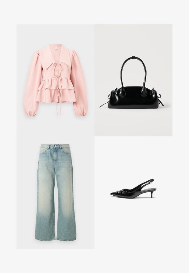 Lyserød bluse med stor krave, lange puffede ærmer, lagdelt flæsekant og tre snørrelukninger foran.; Lyseblå vide jeans lavet af denim, med en afdæmpet vask, klassisk fem-lomme design og en frontknaplukning.; Sorte læder slingback-pumps med spids tå, lav kitten-hæl og rynket detalje på overdelen. Glat tekstur og minimalistisk design.; Lille sort blank håndtaske med to lange håndtag og snøre-detaljer i siden på en ensfarvet lys baggrund.