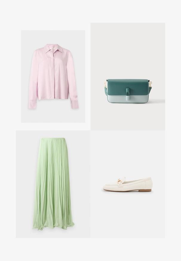 Blouse rose clair à manches longues avec col, patte de boutonnage cachée et poignets ajustés, présentée sur un fond clair uni.; Jupe longue plissée vert clair avec un tissu fluide et une taille élastique, présentée sur un fond blanc.; Mocassins en cuir blanc à semelle plate, avec un détail de boucle en ton doré et une finition lisse. Design classique aux lignes simples.; Sac à main rectangulaire en cuir vert bicolore avec fermeture à rabat, boucle frontale et bandoulière amovible avec attaches dorées.