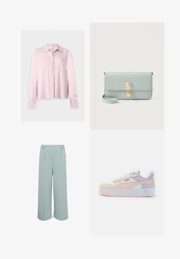 Blouse rose clair à manches longues avec col, patte de boutonnage cachée et poignets ajustés, présentée sur un fond clair uni.; Pantalons larges bleu clair avec une texture lisse, dotés de deux plis à l'avant et d'accents de boutons décoratifs à la taille.; Baskets pour hommes en crème, rose et lavande, en cuir synthétique, avec des lacets blancs, une épaisse semelle blanche et des accents de logo doré.; Pochette en cuir bleu clair avec fermoir rectangulaire doré et sangle de poignet amovible sur fond blanc.