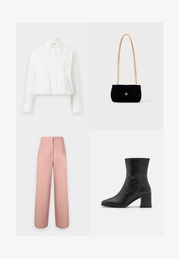 Blouse blanche à manches longues avec taille plissée, col classique, fermeture par un seul bouton supérieur et boutons avant dissimulés.; Pantalon taille haute à jambes larges en tissu rose doux avec bouton devant et fermeture éclair dissimulée.; Bottines en cuir noir, bout pointu, texture lisse, talon bloc de hauteur intermédiaire, design minimaliste et finitions cousues le long du col.; Sac à main en daim noir avec un design matelassé, une bandoulière en chaîne dorée et un logo doré sur le devant. Texture lisse avec une forme structurée.