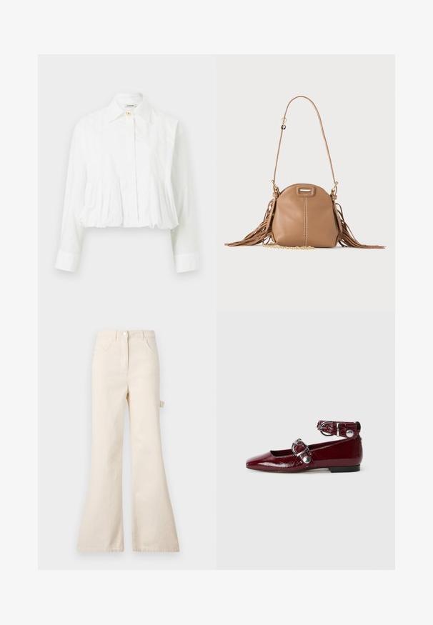 Blouse blanche à manches longues avec taille plissée, col classique, fermeture par un seul bouton supérieur et boutons avant dissimulés.; Jean beige évasé en coton avec taille haute, présentant une fermeture à bouton, cinq poches et un détail de boucle sur le côté.; Ballerines en cuir verni bordeaux avec un bout pointu, une bride de cheville avec une boucle en argent et un petit talon. Texture lisse sur l'ensemble.; Petit sac à bandoulière en cuir fauve avec longue bandoulière, détail chaîne dorée et franges des deux côtés sur un fond neutre.