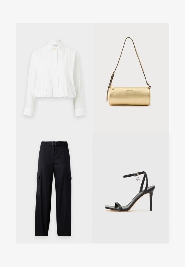Blouse blanche à manches longues avec taille plissée, col classique, fermeture par un seul bouton supérieur et boutons avant dissimulés.; Pantalons cargo noirs avec une coupe droite, dotés de deux poches latérales et d'une ceinture avec une boucle rectangulaire. Texture de tissu lisse.; Sandale à talon haut noire avec une bride étroite à la cheville, bout carré, cuir lisse et accent de boucle métallique.; Sac d'épaule cylindrique en cuir doré avec bandoulière réglable et fermeture éclair, logo Michael Kors centré sur le devant.