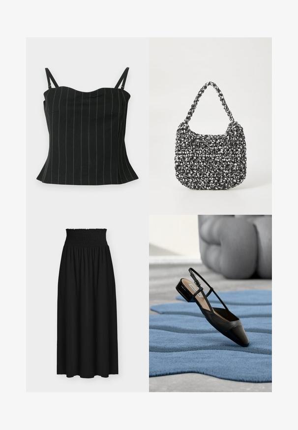 Top en camisole noir avec de fines rayures verticales, doté de bretelles spaghetti, d'un décolleté en forme de cœur et d'un ourlet évasé au bas.; Jupe maxi noire avec large ceinture élastique smockée et tissu fluide sous la taille.; Chaussure à bride arrière en cuir verni noir avec un petit talon bloc reposant sur un tapis bleu texturé à motifs ondulés et un mobilier gris rembourré.; Sac en osier noir et blanc de forme arrondie, avec une surface texturée et une poignée tressée. Convient à un usage décontracté.