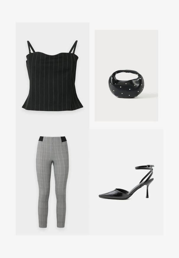 Top negro de tirantes finos con rayas verticales, presenta tirantes tipo espagueti, un escote en forma de corazón y un dobladillo acampanado en la parte inferior.; Leggings de cuadros grises con un diseño ajustado, que presentan una cinturilla elástica negra y bolsillos laterales. Tela texturizada con un patrón de cuadros.; Zapato de tacón alto negro de punta fina con delgadas correas en el tobillo y cierre de hebilla plateada sobre un fondo liso claro.; Bolso de mano de cuero negro con forma redondeada, decorado con detalles de tachuelas plateadas y un asa corta. Textura lisa y cierre con cremallera.