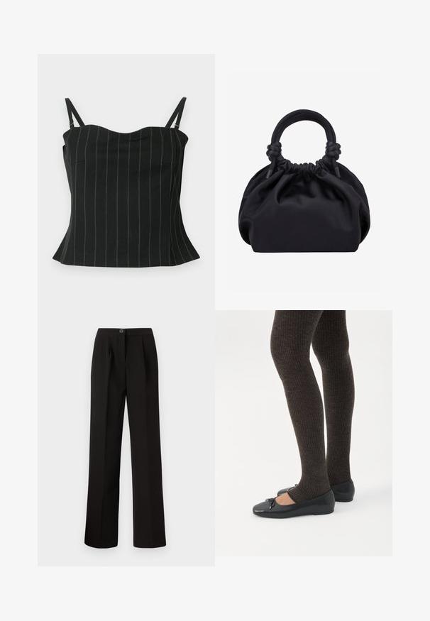 Top en camisole noir avec de fines rayures verticales, doté de bretelles spaghetti, d'un décolleté en forme de cœur et d'un ourlet évasé au bas.; Pantalon noir avec une coupe droite, comprenant des plis sur le devant, une fermeture à bouton et un tissu lisse et texturé.; Jambes portant des leggings côtelés foncés associés à des ballerines noires avec de petits détails en nœud sur fond blanc.; Sac à main en tissu noir doux avec haut froncé et poignées circulaires rembourrées nouées de chaque côté.