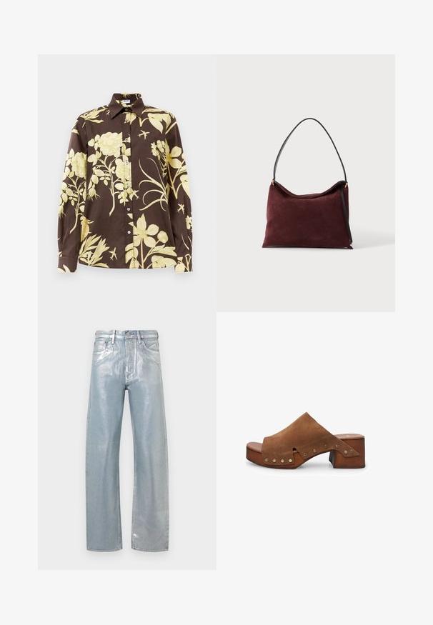 Brun langærmet skjorte med store gule blomster mønstre, spids krave og knaplukning foran. Lavet af letvægtsstof.; Lyseblå metaliske jeans med lige ben, forlommer, bæltestropper og knaplukning på en ensfarvet baggrund.; Brune ruskind hæl-sandal med en bred strop og udskæringsdetalje, prydet med messing-nagle accenter og en træblokhæl.; Blød vinrød ruskindstaske med sort skulderrem og guldfarvede metaldele, vist på hvid baggrund.