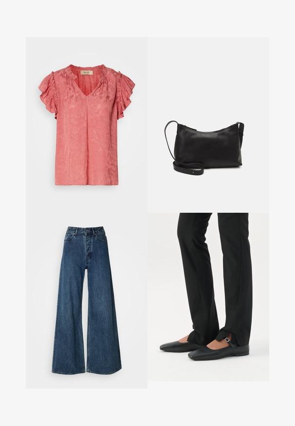Blouse rose à manches courtes avec des manches volantes, décolleté en V, motif floral texturé et finition en tissu doux. Étiquette de marque visible à l'intérieur du col.; Jeans en denim à jambes larges bleu foncé, avec une taille haute, un design à cinq poches et des coutures contrastées. Tissu classique et durable.; Jambes vêtues d’un pantalon slim noir avec des fentes à l’avant de l’ourlet, assorties à des chaussures plates Mary Jane noires avec une petite bride à boucle.; Sac à épaule en cuir noir avec une texture lisse, une forme courbée, une bandoulière ajustable et une fermeture éclair. Design minimaliste sans embellissements.