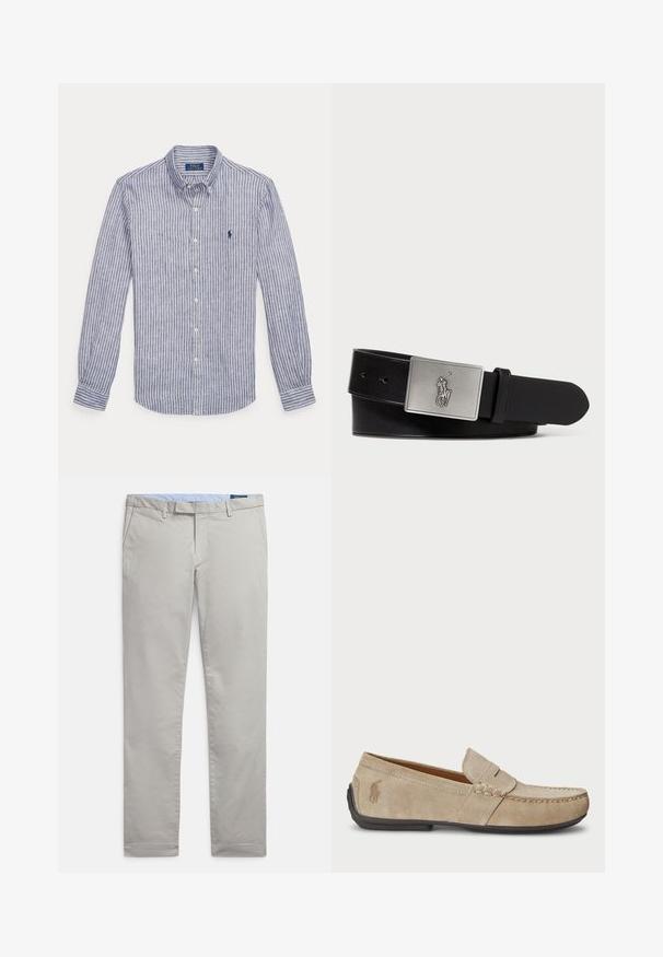 Camisa de manga larga con botones, de rayas verticales azules y blancas, con cuello y pequeño logo bordado en el pecho izquierdo.; Pantalones chinos gris claro hechos de tejido de algodón suave, con un diseño clásico, piernas rectas, bolsillos laterales y un acabado limpio en los dobladillos.; Mocasines de ante beige con detalle cosido, suela de goma plana y un pequeño logotipo en el lateral. Diseño clásico de slip-on, textura suave.; Cinturón de cuero negro con una hebilla rectangular de metal plateado que presenta un logo de jinete en relieve, textura suave y cinco agujeros.
