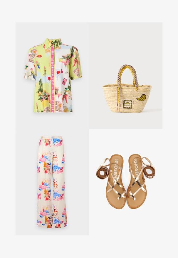 Chemise à manches courtes boutonnée avec des imprimés colorés de perroquets, cactus, rouge à lèvres, cocktails, cartes à jouer, piments et cœurs sur fond pastel.; Pantalons larges en tissu crème ornés d'un motif aquarelle coloré avec des accents roses, bleus et oranges. Légers et respirants.; Sandales plates à lanières avec des sangles métalliques couleur or rose, semelle en cuir tan et un design minimaliste. Comprend des sangles enroulées de chaque côté.; Sac cabas en paille tissée avec des anses tressées jaunes et beige, décoré d'un patch banane et d'un petit motif poisson encadré à l'avant.