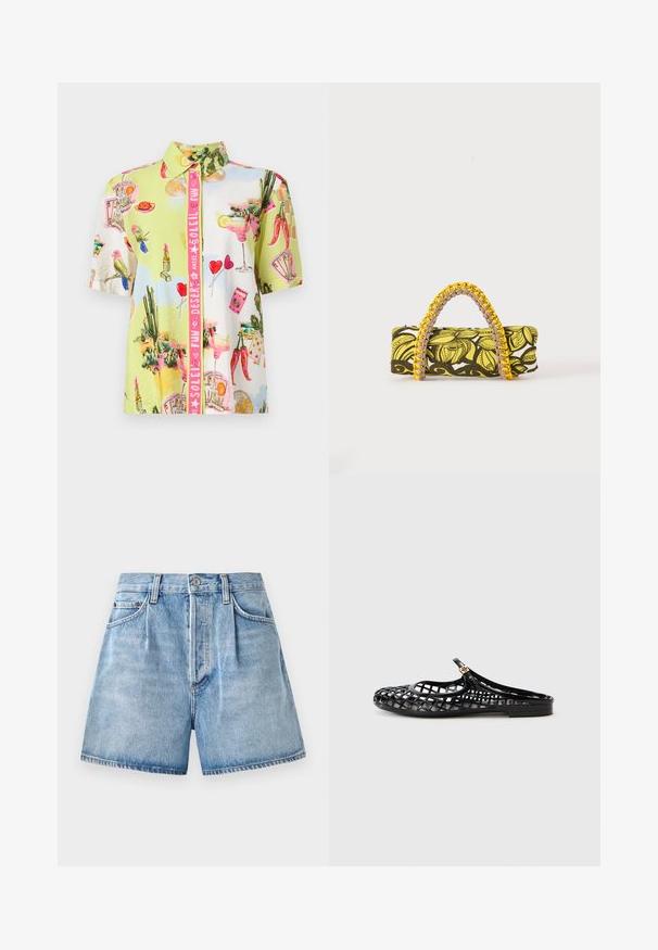 Chemise à manches courtes boutonnée avec des imprimés colorés de perroquets, cactus, rouge à lèvres, cocktails, cartes à jouer, piments et cœurs sur fond pastel.; Shorts en denim bleu clair à taille haute, présentant une fermeture à bouton et à zip, des poches avant et un ourlet effiloché.; Tory Burch MELLOW MARY JANE - Mules - perfect black/gold; Sac rectangulaire avec motif floral jaune et noir et anse tressée jaune et rose sur fond blanc.