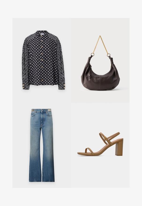 Sort langærmet skjorte med hvide stjernemønstre på kroppen og zigzag-linjer på ærmerne, med gule knapper formet som blomster.; Rabanne Jeans Straight Leg - denim stone; Lysebrune hælede sandaler med to slanke stropper og en firkantet blokhæle. Glat materiale med minimalistisk design og en lille guldbeslag detalje.; Blød, mørkebrun skuldertaske i læder med knyttede ender og en kort guldkæde som rem, mod en enkel lys baggrund.