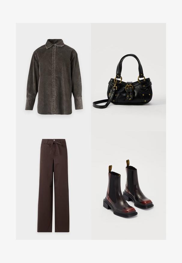 Chemise à manches longues en velours côtelé gris foncé, dotée d'une patte de boutonnage à l'avant, d'un col classique et d'une coupe décontractée avec des fentes latérales pour faciliter les mouvements.; Pantalon large marron foncé avec fermeture à boutons et fermeture éclair à l'avant, passants de ceinture, poches avant et ceinture en tissu nouée à la taille.; Dr. Martens MAYBOLE CHELSEA - Bottines à plateau - black/cherry red; Sac à main en cuir noir avec boucle dorée et détails à rivets, poignées courtes et bandoulière réglable sur fond blanc uni.