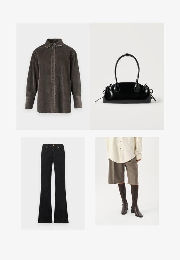 Overhemd met lange mouwen in donkergrijze corduroy, voorzien van een knoopsluiting, een klassieke kraag en een ontspannen pasvorm met zijsplitsen voor bewegingsvrijheid.; Zwarte jeans met een hoge taille en wijde pijpen, vooraan knoop- en ritssluiting en een ontwerp met vijf zakken.; Bruine kniehoge laarzen met een vierkante neus en blokhak, gecombineerd met een beige oversized shirt en bruine geruite culottes.; Kleine zwarte glanzende handtas met twee lange hengsels en zijkant trekkoord details op een effen lichte achtergrond.