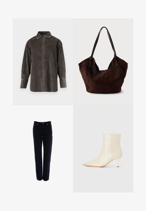 Camisa de manga larga en pana gris oscuro, con cierre de botones en el frente, cuello clásico y un ajuste relajado con aberturas laterales para facilitar el movimiento.; Jeans de mezclilla negra con diseño de pierna recta, estilo de cinco bolsillos y cierre de botón. El material es resistente y tiene una textura suave.; Botín de tobillo color crema con punta afilada y tacón mediano esbelto, de textura suave, mostrado desde el lado externo sobre un fondo blanco.; Bolso de ante marrón con una forma suave y caída. Presenta asas de cuero y un acento de etiqueta. Textura lisa con costuras curvas.