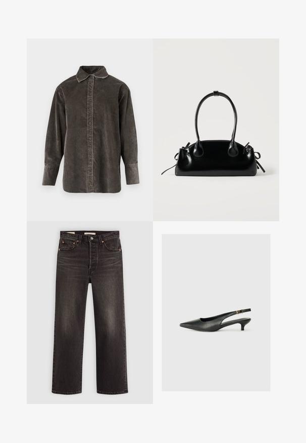Langärmliges Hemd aus dunkelgrauem Cord mit durchgehender Knopfleiste, klassischem Kragen und legerer Passform mit seitlichen Schlitzen für mehr Bewegungsfreiheit.; Schwarze Jeans aus Denim mit geradem Bein. Verfügt über kupferne Nieten und Taschen. Glatte Textur und leicht verwaschene Optik.; Schwarzer Slingback-Schuh mit spitzem Zehenbereich aus glattem Leder. Mit einem dünnen Absatz und einer dekorativen Schnalle am verstellbaren Riemen.; Kleine schwarze glänzende Handtasche mit zwei langen Griffen und seitlichen Kordelzug-Details vor einfachem hellem Hintergrund.
