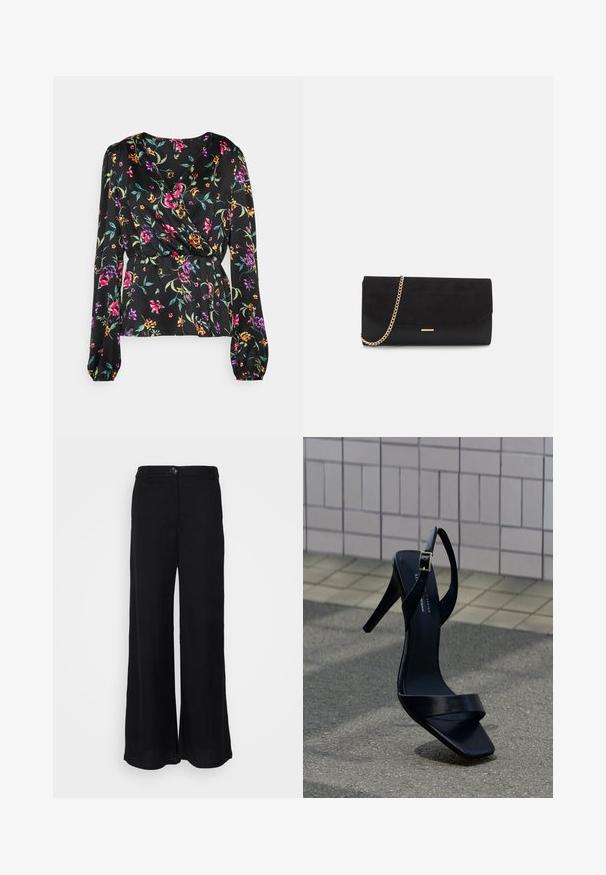 Vero Moda Tall VMKLEO V NECK WRAP - Bluse - black; Schwarze, weite Hosen aus luftigem Material, mit glatter Textur, vorderem Knopfverschluss und Seitentaschen.; Schwarze Sandale mit hohem Absatz, Knöchelriemen und quadratischer Spitze, auf dem Pflaster vor einem gefliesten Wandhintergrund positioniert.; Schwarze Clutch aus Wildleder mit strukturierter Oberfläche, ausgestattet mit einem goldenen Kettenriemen und einem eleganten, kantigen Design.