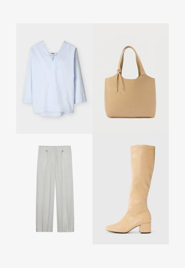 Lichtblauwe blouse met lange mouwen, een diepe V-hals en een losse pasvorm, getoond op een witte achtergrond.; Lichtgrijze, wijde pantalon gemaakt van een zachte stof. Heeft twee voorplooien, twee knoopsluitingen en een gladde textuur.; Anna Field by Zalando Laarzen - beige; Beige draagtas gemaakt van glad leer, met twee stevige handvatten en gouden sierdelen, voorzien van een verstelbaar trekkoord detail.