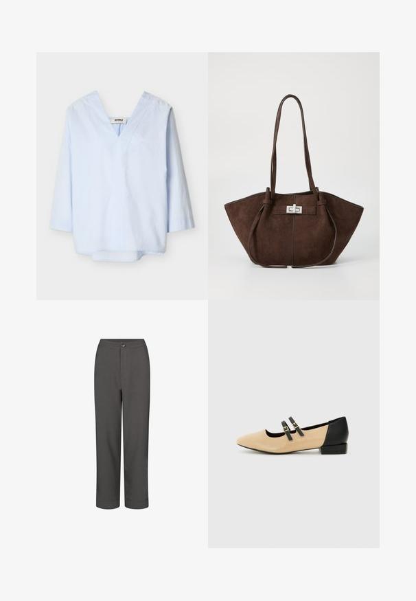 Blusa de manga larga azul claro con escote en V pronunciado y ajuste relajado, presentada sobre un fondo blanco.; Pantalones de vestir grises con un diseño de pierna recta, textura suave, cierre frontal con botón y dobladillos zurcidos para un aspecto ajustado.; Zapato plano de cuero beige con punta afilada, tacón negro y dos tiras negras en la parte superior. Diseño sencillo con textura mate.; Bolso tote de ante marrón con una forma estructurada, que presenta un cierre de metal plateado y dos asas. Textura suave con costuras de acento.
