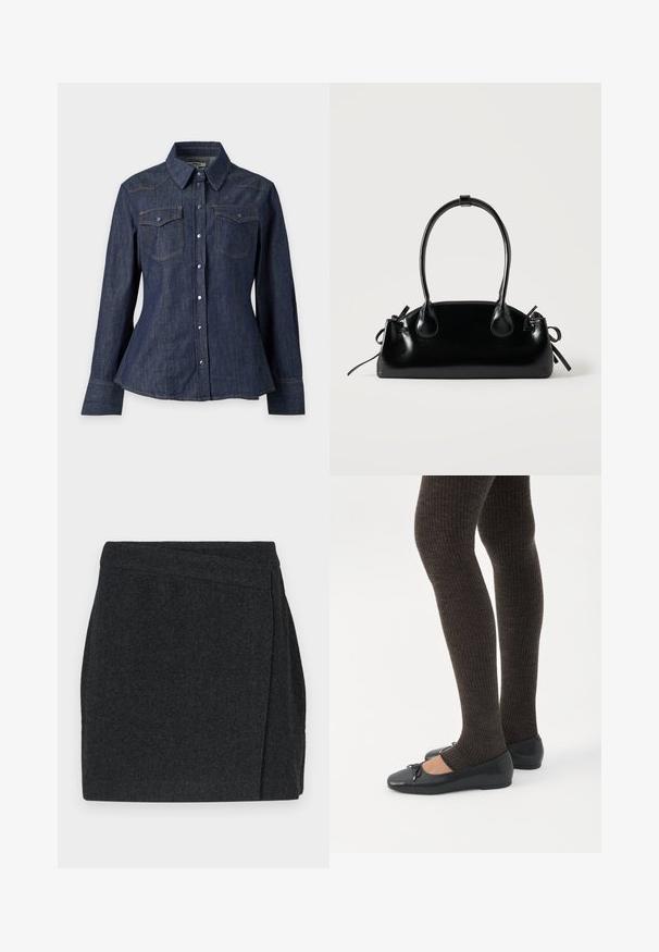 Mørkeblå denim skjorte med knapper, lange ærmer, brystlommer med klap og spidse krave på ensfarvet baggrund.; Sort nederdel med fiskebensmønster og omslagsdesign, med en ren finish og tekstureret stof. Længde til midten af låret.; Ben iført mørke ribbede leggings kombineret med sorte balletsko med små sløjfedetaljer på hvid baggrund.; Lille sort blank håndtaske med to lange håndtag og snøre-detaljer i siden på en ensfarvet lys baggrund.