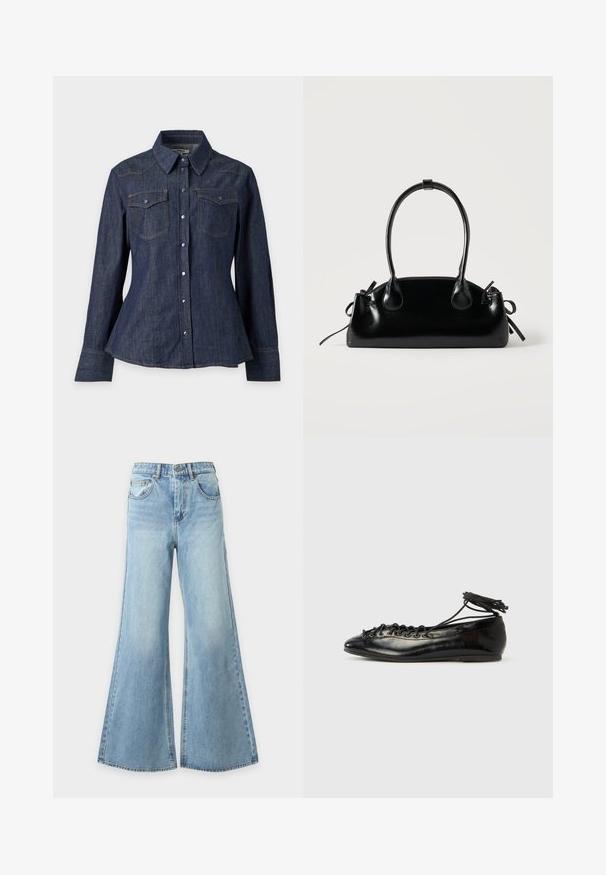 Chemise en denim bleu foncé à boutons, manches longues, poches poitrine à rabat et col pointu sur fond uni.; Jean bleu clair à jambes larges en denim avec fermeture à bouton et fermeture éclair à l'avant, passants de ceinture et poches avant, présenté sur un fond uni.; Ballerines en cuir verni noir avec un bout rond, un design à lacets et une semelle plate. Texture lisse avec peu de détails.; Petit sac à main noir brillant avec deux longues anses et des détails à cordon sur les côtés sur un fond clair uni.