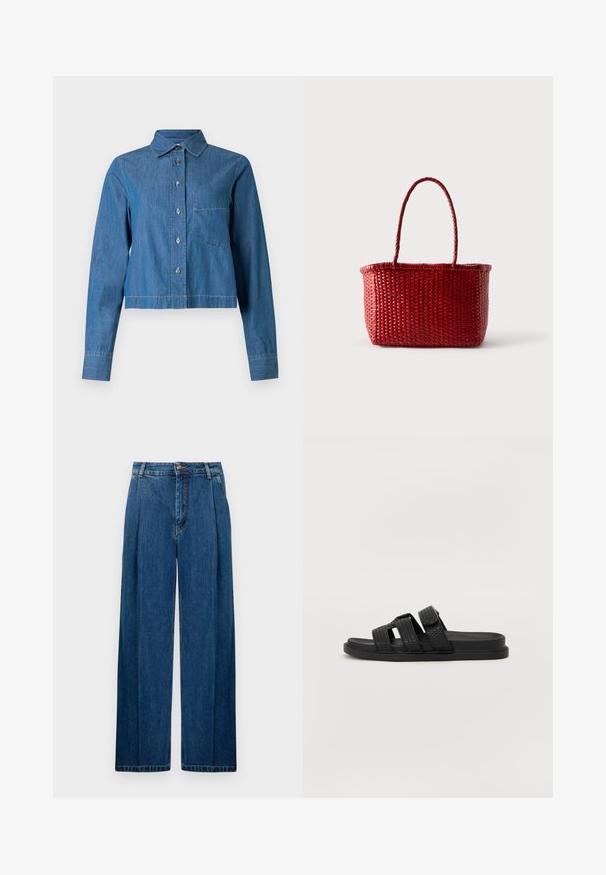 Veste en denim courte de couleur bleu moyen. Elle présente un col pointu, des manches longues, une fermeture boutonnée à l'avant et une poche poitrine unique. Texture lisse.; Pantalons en denim à jambes larges de couleur bleu foncé, avec des plis frontaux, une fermeture à bouton et des coutures classiques le long des coutures. Texture lisse tout au long.; Sandales noires à glissière avec trois sangles texturées, une semelle plate et un design minimaliste. La partie supérieure présente un motif tissé.; Panier rectangulaire rouge tressé avec une seule poignée tressée qui s’étend vers le haut, sur un fond clair uni.