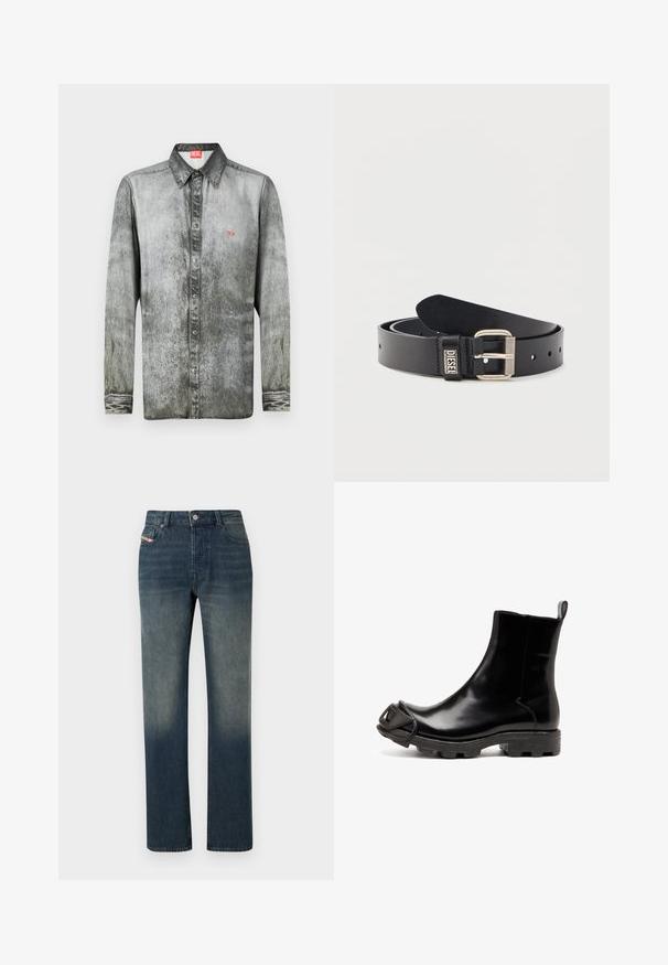 Langarmhemd aus verblasstem grauem Denim mit Button-Down-Kragen, ausgestattet mit einem kleinen roten Logo auf der Brust und strukturiertem Stoff.; Blaue Jeans mit geradem Bein, verwaschenem Look, Vorderseite mit Knopf- und Reißverschluss sowie Fünf-Taschen-Design.; Schwarze Gummi-Stiefelette mit glänzender Oberfläche, rundem Zehenbereich und einem markanten, skulpturalen Akzent auf der Zehe. Strukturierte schwarze Sohle.; Schwarzer Ledergürtel mit silberner Metallschnalle und "DIESEL"-Logo an der Gürtelschlaufe, auf einfarbigem hellem Hintergrund präsentiert.