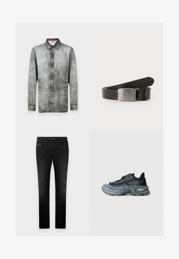 Langarmshirt van vervaagd grijs denim met een button-down kraag, voorzien van een klein rood logo op de borst en een gestructureerde stof.; Zwarte spijkerbroek van denim met een rechte snit, voorzien van voorzakken en een metalen knoopsluiting, met een gladde textuur en subtiele stiksels.; Zwarte en grijze Diesel sneakers met dikke zool, vetersluiting en gestructureerd ontwerp op een effen lichtgrijze achtergrond.; Zwarte leren riem met een gestructureerde afwerking, voorzien van een rechthoekige zilverkleurige gesp met ingekrast merkniveau. Gladde randen, klassieke uitstraling.