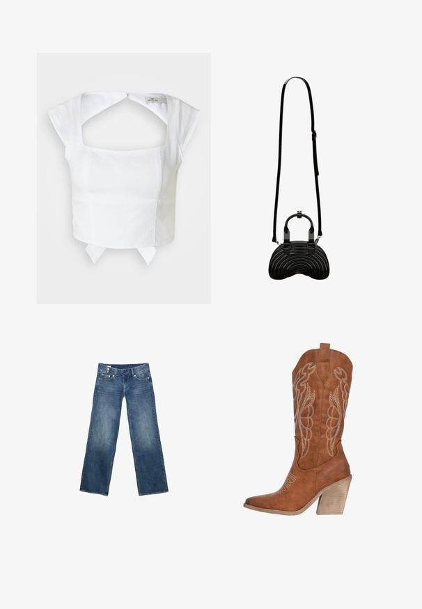Hvid struktureret cropped top med firkantet udskæring, korte cap ærmer og udskæring på ryggen. Har en justerbar snøre detalje i kanten.; Blå denimjeans med brede, lige ben, forlommer, bæltestropper og dobbel lukkeknap ved taljen.; Brun læder cowboystøvle med hvidt broderet design, spidse tæer og en tekstureret blokhælt. Har en pull-tab for nem påtagning.; Sort buet håndtaske med blank finish, dobbelte håndtag og lang justerbar skulderrem på hvid baggrund.