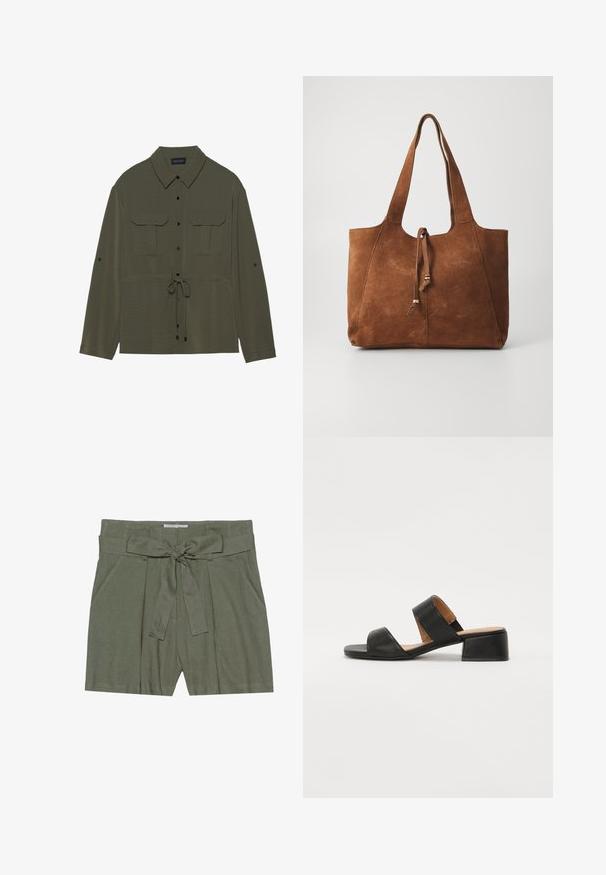 Olivenfarbener Hemdjacke mit Knopfverschluss, zwei Brusttaschen und einem Kordelzug in der Taille. Verfügt über einen klassischen Kragen und lange Ärmel.; Olivgrüne Shorts mit gebundenem Bund, gefältetem Design und seitlichen Taschen. Hergestellt aus strukturiertem Stoff, mit sauberen Kanten und einer lockeren Passform.; Schwarze Ledersandale mit zwei breiten Riemen über dem Fuß, einer quadratischen Zehenpartie und einem niedrigen Blockabsatz. Glatte Textur und minimalistisches Design.; Braune Wildleder-Handtasche mit zwei langen Griffen, Kordelzugverschluss und glatter Textur. Sie zeichnet sich durch ein einfaches Design und minimale Akzente aus.