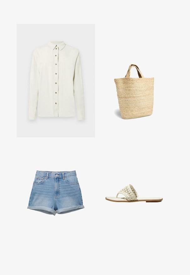 Lichtbeige overhemd met lange mouwen, gemaakt van gestructureerde stof, voorzien van een knoopsluiting met metalen knopen en een klassieke kraag.; Denim shorts in een lichtblauwe wastint, high-waisted met een knoopsluiting, vijf zakken en omgeslagen zoom. Gladde textuur, klassiek ontwerp.; Platte slip-on sandaal met gevlochten witte leren band en teenslipper ontwerp, met een lichtbruine zool en een gevoerd voetbed.; Geweven strooitas met korte handvatten, natuurlijke beige kleur, rechtopstaand op een witte achtergrond.