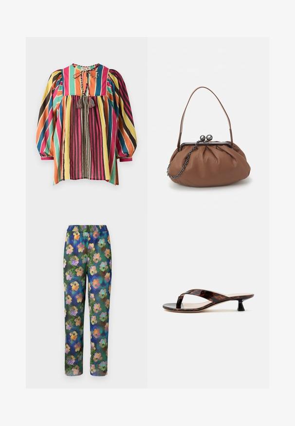 Kleurvolle, gestreepte blouse met een ronde halslijn, pofmouwen en franjerand. De stof is lichtgewicht en ademend.; Bloemmotief broek met een geribbelde textuur, elastische tailleband en een groene, blauwe achtergrond met kleurrijke bloemenpatronen doorheen.; Bruine schildpad kitten hak sandaal met teenslipperriem en vierkante neus op een effen lichte achtergrond.; Bruine leren handtas met een geplooid ontwerp, een korte leren handgreep en een kettinghengsel. Voorzien van een zilveren metalen sluiting met twee ronde accenten.