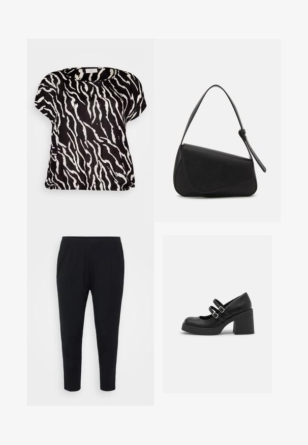 Haut à manches courtes rayé noir et blanc en tissu léger avec une coupe ample et un col rond, présentant une texture fluide et un motif abstrait.; Pantalon noir avec une coupe décontractée, taille élastique et plis discrets. Fabriqué dans un tissu doux, avec des jambes fuselées et sans poches.; Call it Spring MONROE - Escarpins à plateforme - black smooth; Sac à main en cuir noir de forme triangulaire, avec un rabat incliné et une poignée supérieure arrondie. Il présente une texture lisse et des détails de design minimalistes.