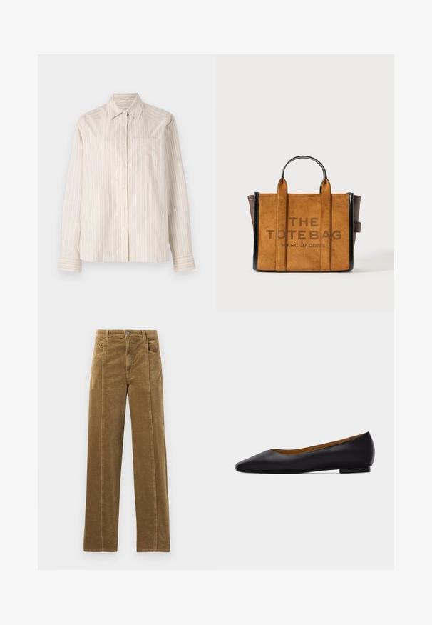 Langærmet skjorte i lys beige med lodrette striber i creme og lys orange. Har en krave og en enkelt brystlomme.; Brune kordfløjspants med lige ben design, der har forlommer og synlige sømme langs kanterne. Tekstileret stof med smalle ribber.; Sort læder flad sko med spids tå, lav hæl og glat finish, vist fra siden på en lysegrå baggrund.; Brun ruskind tote taske med sorte læderdetaljer, der har to korte håndtag og teksten "THE TOTE BAG" i fed skrift på forsiden.