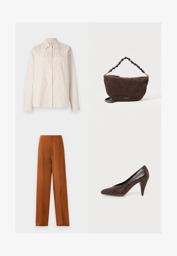 Camisa de manga larga en beige claro con rayas verticales en color crema y naranja pálido. Presenta un cuello y un solo bolsillo en el pecho.; Pantalones de pierna ancha en un color marrón cálido, con una textura suave, cintura alta y costuras en blanco que contrastan a lo largo de las costuras.; Zapato marrón de tacón alto con punta afilada y patrón texturizado de piel de serpiente, visto de lado sobre un fondo claro y liso.; Bolso de mano de ante marrón oscuro con asa negra y dorada anudada y una correa larga desmontable sobre fondo blanco.