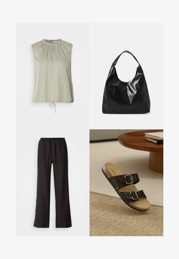 Top sin mangas en verde claro, hecho de una tela suave. Presenta un escote fruncido y un dobladillo ajustable con cordón para un ajuste personalizado.; Pantalones negros, holgados, con cintura elástica y cordón ajustable. Están hechos de una tela ligera con una textura suave y pierna recta.; Sandalia negra de dos tiras con hebillas plateadas, plantilla de corcho y suela de goma. Acabado mate en las tiras, exhibida sobre una superficie texturizada y tejida.; Bolso hobo de cuero negro con una textura suave y brillante y un diseño de parte superior redondeada y abierta. Cuenta con una amplia correa curvada para llevar. Sin hardware visible.