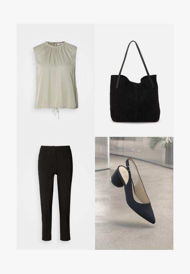 Top sans manches de couleur vert clair, fabriqué en tissu lisse. Présente un col froncé et un ourlet à cordon de serrage pour un ajustement réglable.; Pantalons noirs ajustés avec une coupe slim, devant plat et sans poches visibles, offrant une texture lisse et une finition soignée au bas.; Escarpin noir à talon haut et bride arrière, avec un bout pointu, une texture lisse et un accent en métal sur le talon, doté d'une petite boucle réglable.; Sac fourre-tout en suède noir avec deux longues anses en cuir plates. Présente un bord supérieur incurvé et des coutures visibles sur le devant. Pas d'accents en métal.