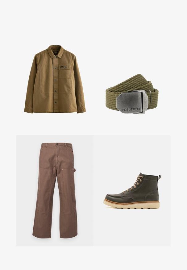 Veste en toile marron avec un col, fermeture par boutons sur le devant, deux poches poitrine et un tissu texturé. Design inspiré de l'armée.; Pantalons cargo en coton marron avec une coupe décontractée, des poches latérales et de grands renforts aux genoux pour plus de durabilité et de style.; Bottines en cuir vert foncé avec lacets beige, col rembourré et semelle en caoutchouc texturé. Présente un marquage imperméable et des détails de couture.; Ceinture en tissu tissé vert olive avec une grande boucle rectangulaire en métal brossé gravée de "PME LEGEND".