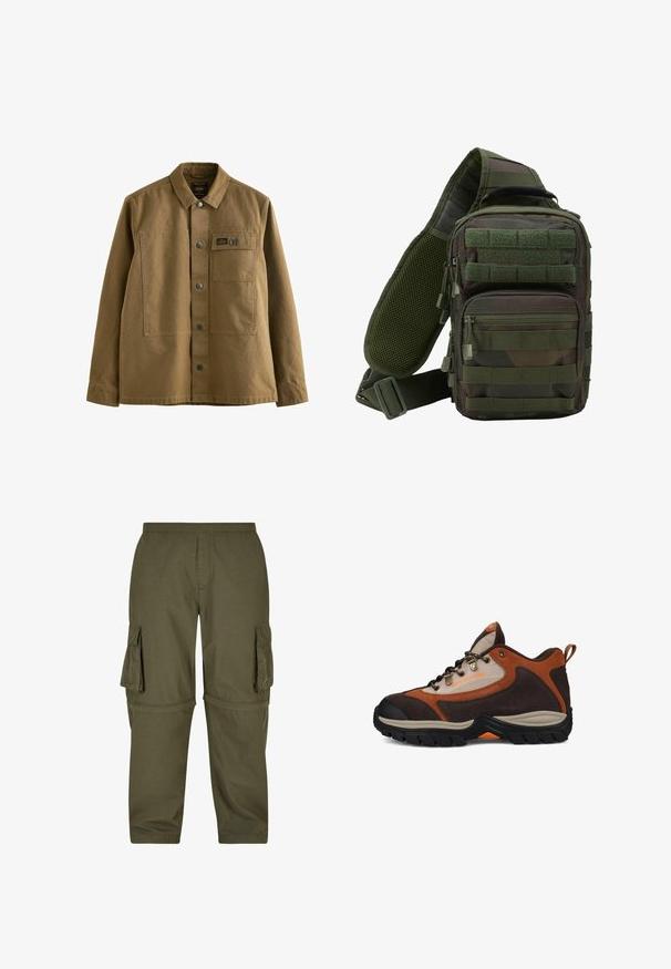 Chaqueta de lona marrón con cuello tipo solapa, cierre frontal de botones, dos bolsillos en el pecho y tejido texturizado. Diseño inspirado en el estilo militar.; Pantalones cargo verde oliva hechos de tejido ligero, con varios bolsillos laterales, una cintura elástica y un diseño de corte recto.; Zapato de senderismo marrón y beige con suela negra, ojales de metal, tirador en el talón y la marca "DC SHOE CO USA" en el lateral.; Mochila tipo bandolera en camuflaje verde con múltiples bolsillos con cremallera, una correa ajustable y un panel trasero de malla para ventilación.